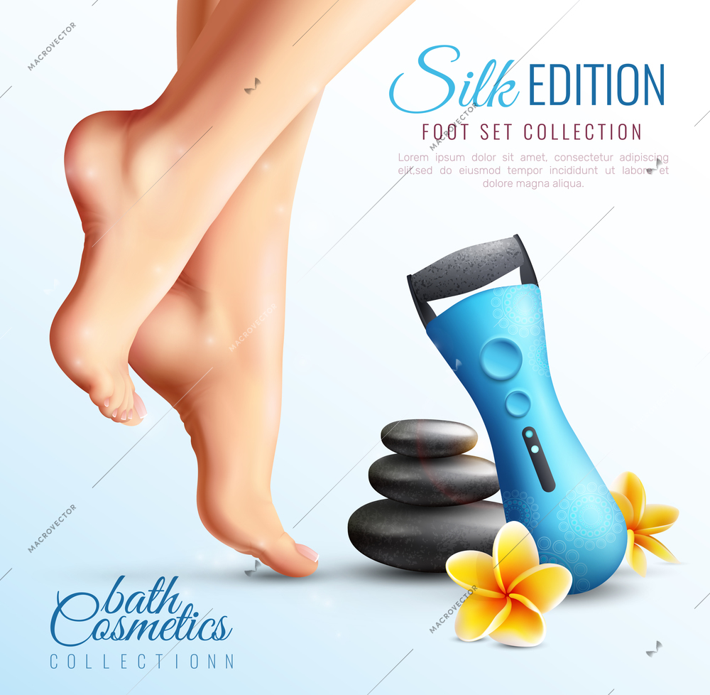 Electronic foot file poster on blue gradient background with female bare legs, pebbles and flowers vector illustration