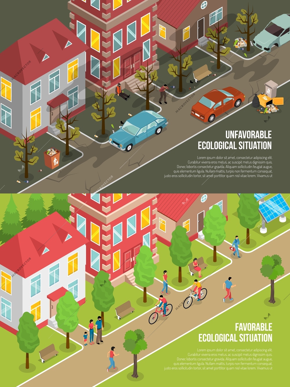 Environmental situation isometric scenes with eco friendly city and polluted town with dry trees isolated vector illustration