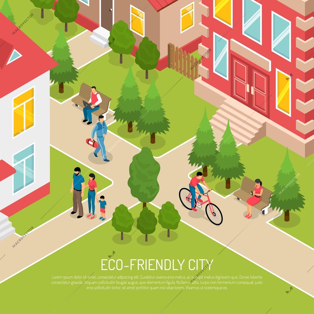 Eco friendly city with green trees, bicycle riding, persons outdoor during work and rest isometric vector illustration