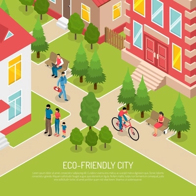 Eco friendly city with green trees, bicycle riding, persons outdoor during work and rest isometric vector illustration