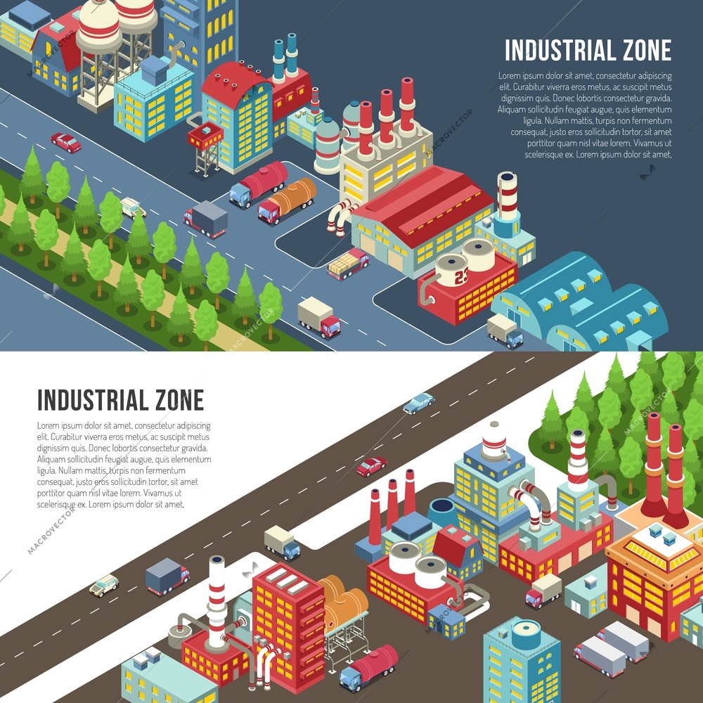 Industrial zone near roadway horizontal banners with engineering plants, manufactures with pipes, trucks isolated vector illustration