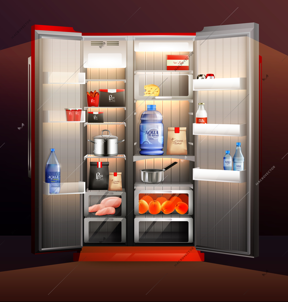 Glowing fridge organization with food products in packaging, cooked meal in pans, fruits, water 3d vector illustration