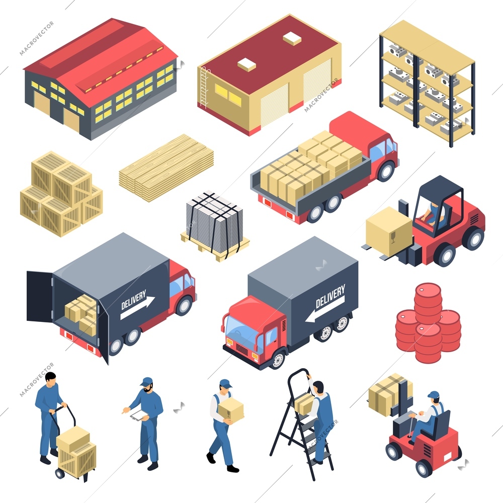 Ware house set of isometric icons with storage building, staff, forklifts, boxes and trucks isolated vector illustration