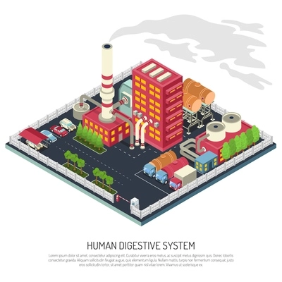 Factory isometric composition with building, pipe, industrial equipment, fence with access control, parking, transportation, vector illustration