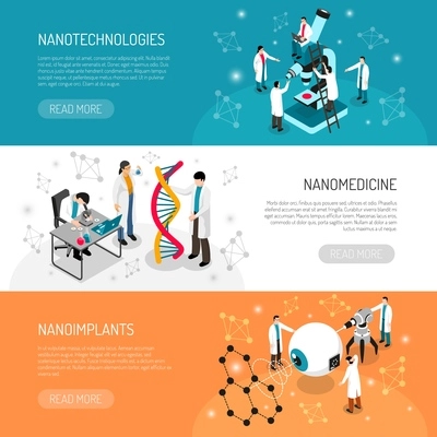 Nano technologies set of isometric horizontal banners with scientific research, medical development isolated vector illustration