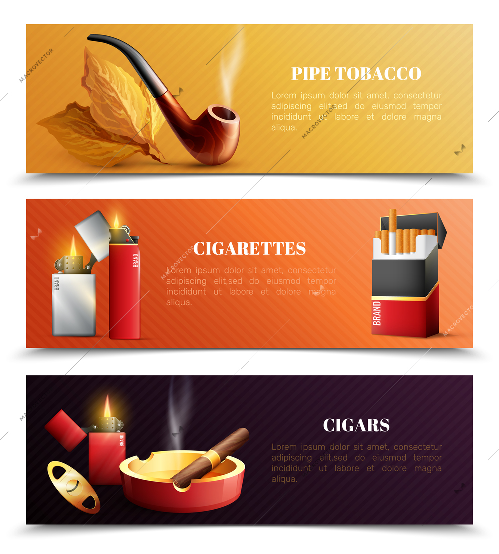 Tobacco products set of horizontal banners with smoking pipe, cigarettes and lighters, cigars isolated vector illustration