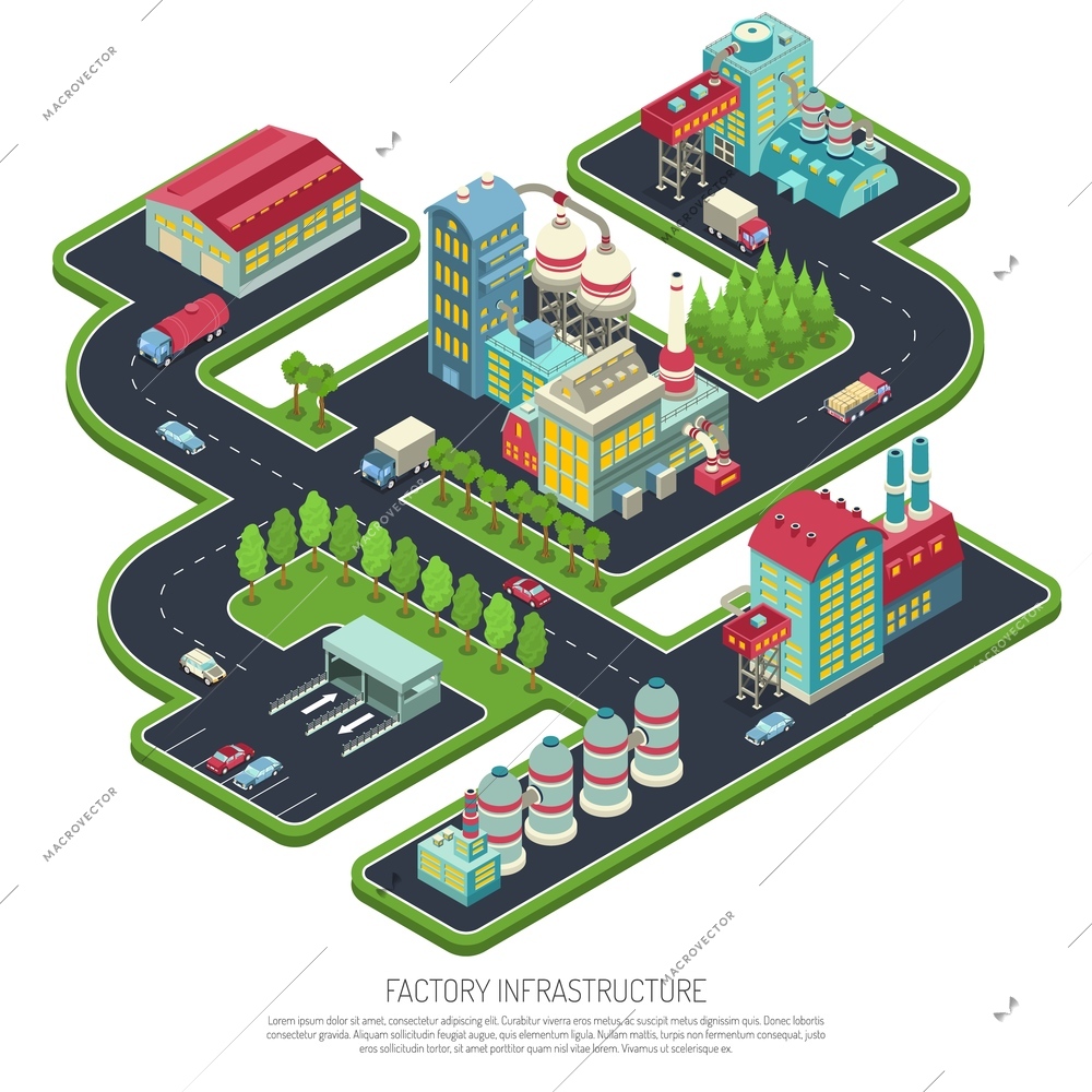 Factory infrastructure isometric composition with industrial facilities, warehouse, office buildings, parking, transportation vector illustration