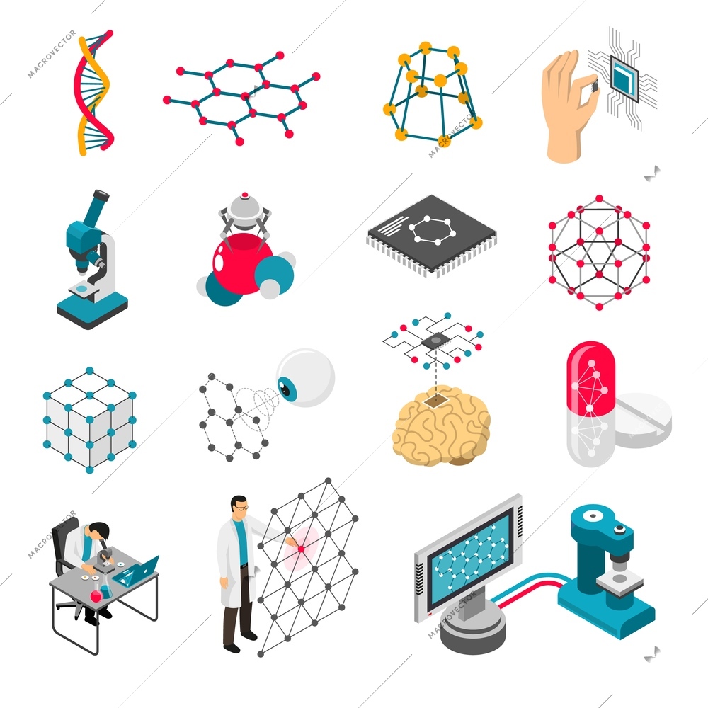 Nano technology set of isometric icons with scientific laboratory, grids and particles, medical innovation isolated vector illustration