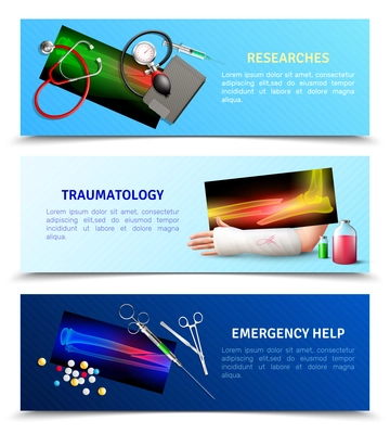 Set of horizontal banners with researches, surgical traumatology, emergency medicine help isolated on blue background vector illustration