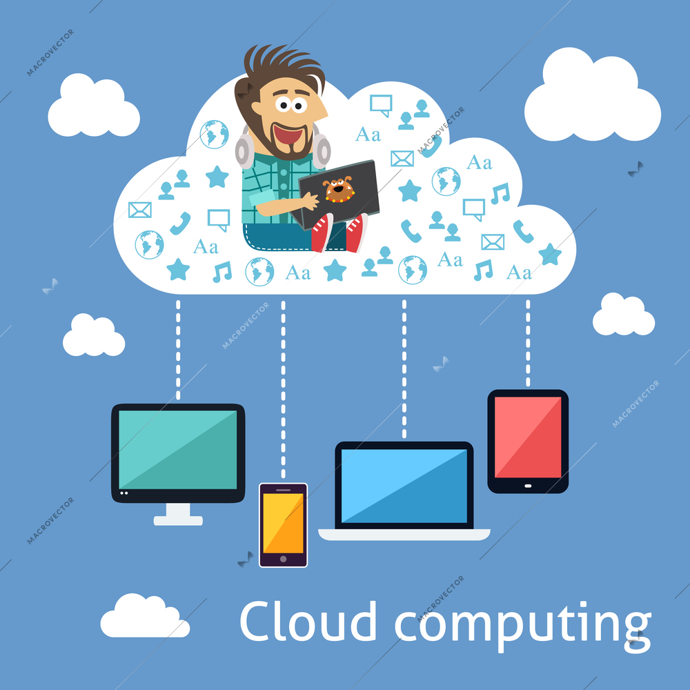 Business cloud computing concept with programmer and mobile devices vector illustration