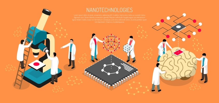 Nano technologies isometric composition on orange background with scientists, human brain with micro chip horizontal vector illustration
