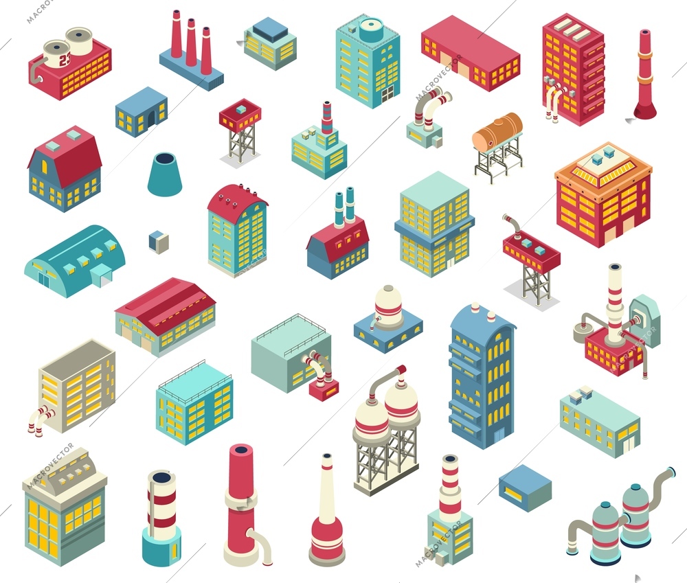 Set of isometric factory objects including industrial buildings, chimneys, engineering structure and equipment isolated vector illustration