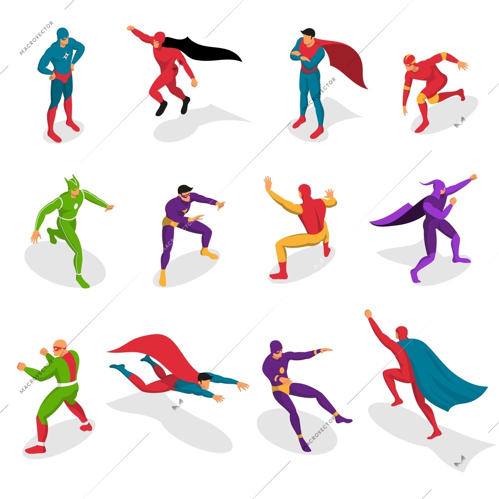 Super heroes in colorful costumes during various actions set of isometric icons isolated vector illustration