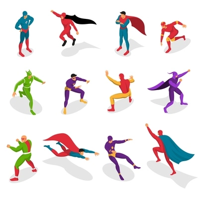 Super heroes in colorful costumes during various actions set of isometric icons isolated vector illustration