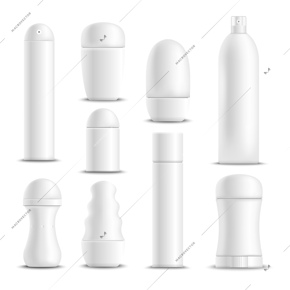 Deodorants spray sticks and roll-on types antiperspirant white blank mock-up realistic set isolated vector illustration