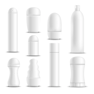 Deodorants spray sticks and roll-on types antiperspirant white blank mock-up realistic set isolated vector illustration