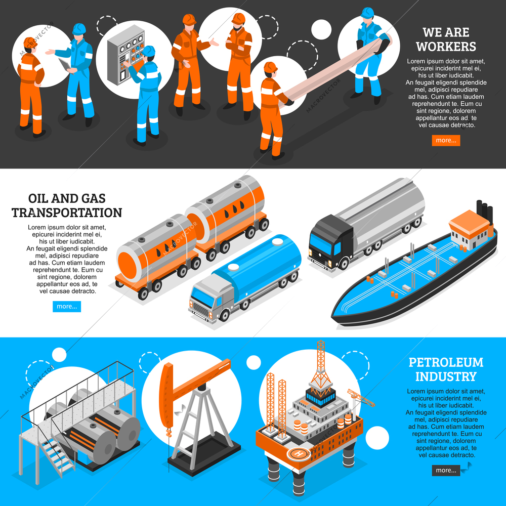 Oil gas 3 isometric horizontal banners set webpage design with petroleum industry workers transportation information vector illustration