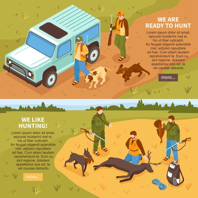 Shooting season 2 isometric horizontal banners webpage design for hunters with game animals information isolated vector illustration