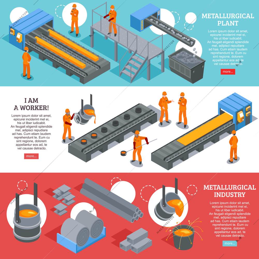 Steel industry metallurgical plant production facilities 3 isometric horizontal banners webpage design colorful background isolated vector illustration