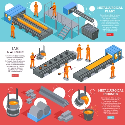 Steel industry metallurgical plant production facilities 3 isometric horizontal banners webpage design colorful background isolated vector illustration