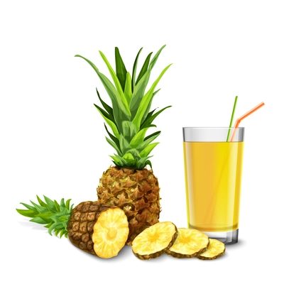 Realistic glass full of juice with cocktail straw and pineapple fruit isolated on white background vector illustration