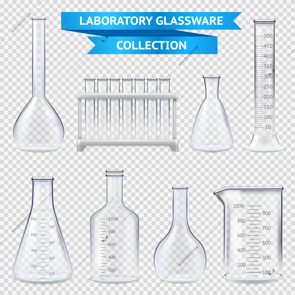 Realistic laboratory glassware collection with test-tubes on plastic stand, beakers isolated on transparent background vector illustration