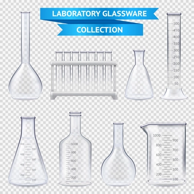 Realistic laboratory glassware collection with test-tubes on plastic stand, beakers isolated on transparent background vector illustration