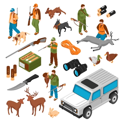 Hunting accessories equipment ammunition shooters vehicle gun dogs killed deer animals isometric icons collection isolated vector illustration