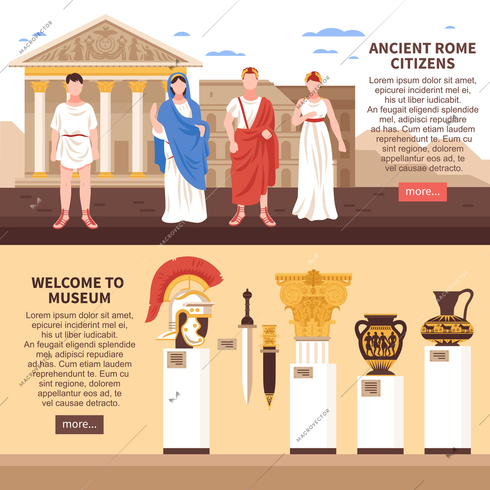 Ancient rome 2 flat horizontal banners webpage design with museum art masterpieces culture and citizens vector illustration