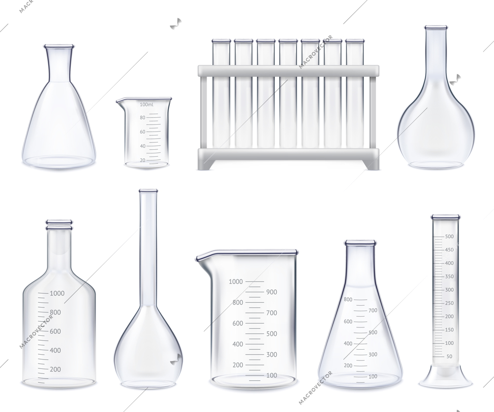 Set of realistic test-tubes and glass jars of various shape with measuring scale isolated vector illustration