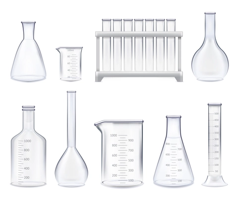 Set of realistic test-tubes and glass jars of various shape with measuring scale isolated vector illustration