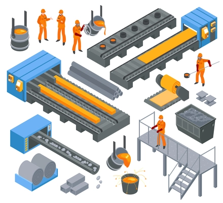 Steel iron aluminium metallurgical industry production isometric elements set with workers hot rolling and molding vector illustration