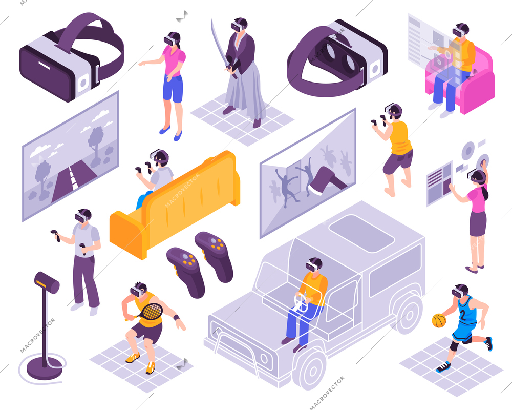 Virtual reality vr immersive experience simulators portable gadgets training activities headsets displays isometric icons collection vector illustration