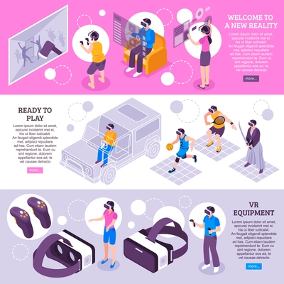 Virtual reality vr simulators portable gadgets headsets displays equipment 3 isometric horizontal banners webpage design vector illustration