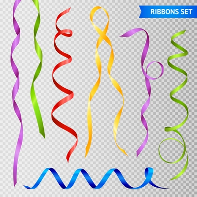 Set of realistic twisted glossy colorful ribbons with loops isolated on transparent background vector illustration