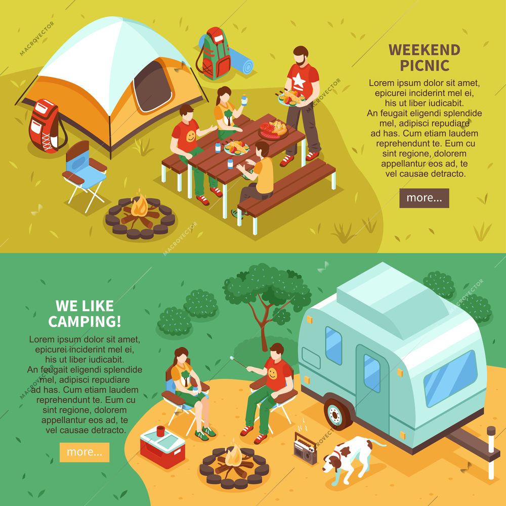 Expedition travel hiking 2 horizontal isometric webpage banners with weekend family picnic camping vacation isolated vector illustration