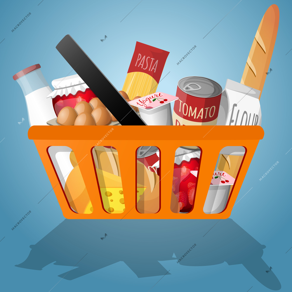 Food decorative elements collection in shopping basket vector illustration