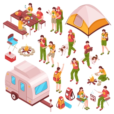 Picnic barbecue family summer vacations holidays camping isometric icons collection with people pets tent caravan vector illustration