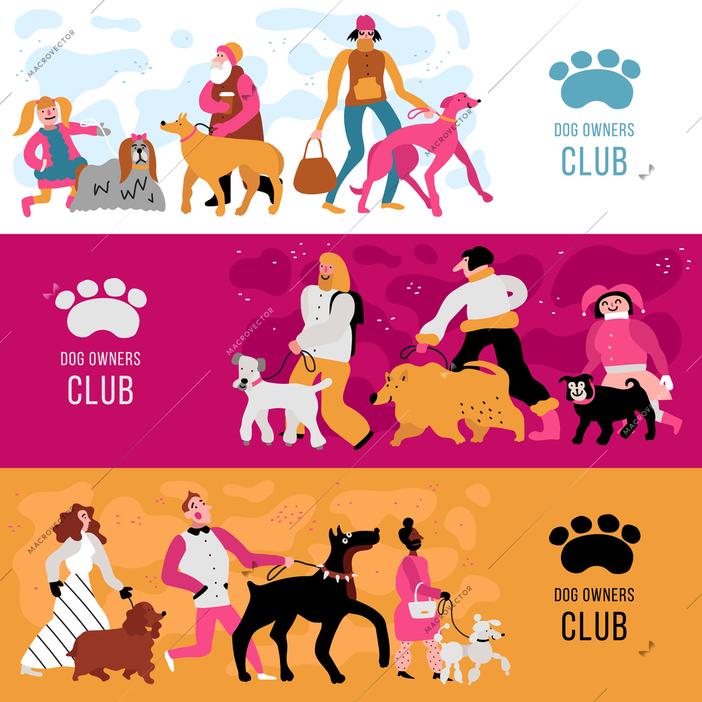 Club of dog owners horizontal banners set with adults and kids, different canine breeds isolated vector illustration