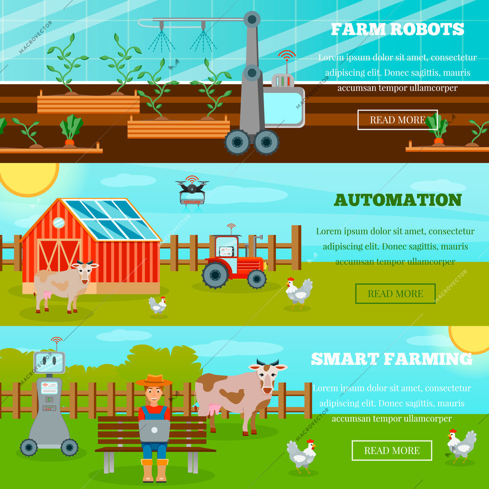 Smart farming horizontal banners with farm robots drones and internet of things in agriculture flat vector illustration