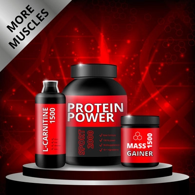 Sports nutrition realistic composition with products in black packaging on pedestal on red sparkling background vector illustration