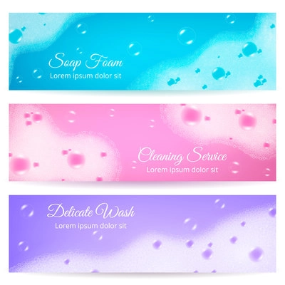 Delicate wash horizontal banners with soap foam on blue pink and purple backgrounds realistic vector illustration