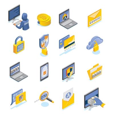 Cyber security and internet threats isometric icons set with password notification end to end encryption biometric identification symbols vector illustration