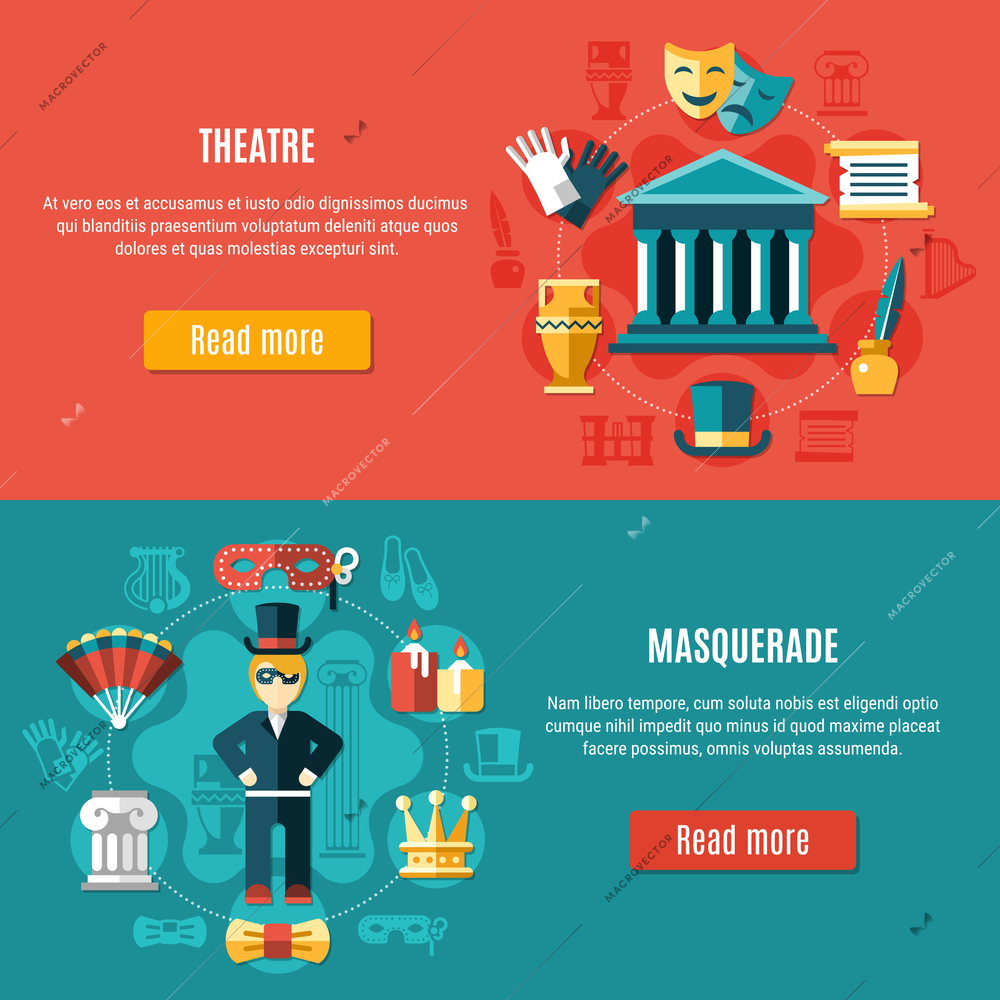 Two horizontal theatre banner set with masquerade and theatre headline and read more buttons vector illustration