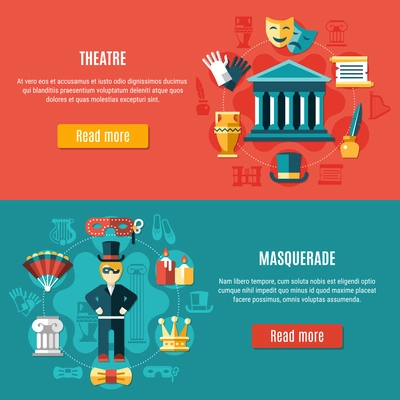 Two horizontal theatre banner set with masquerade and theatre headline and read more buttons vector illustration