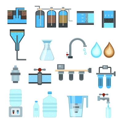 Water filtration set of flat icons with industrial treatment system, household jug with cartridge isolated vector illustration