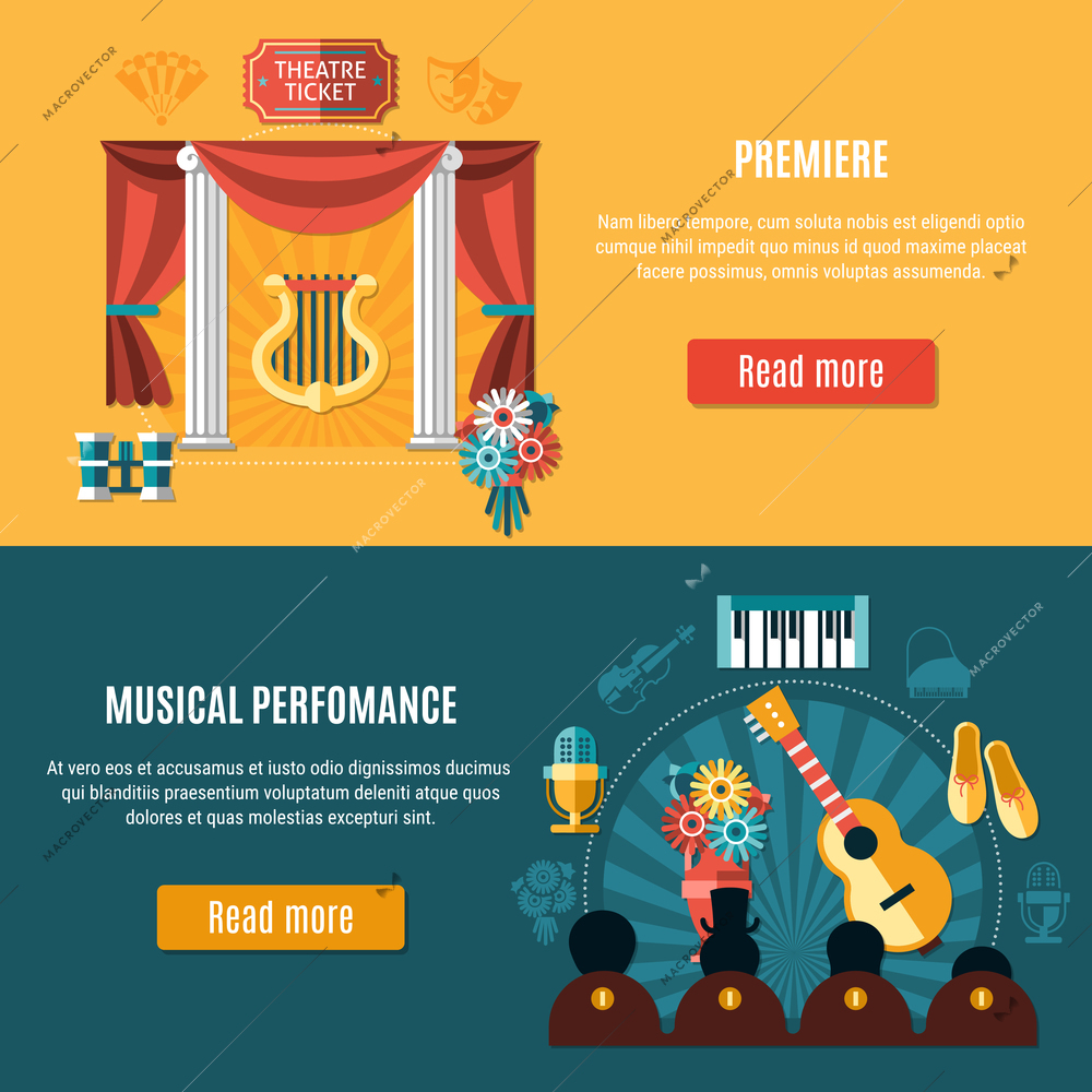 Theatre banner set with premiere and musical performance headline and read more buttons vector illustration