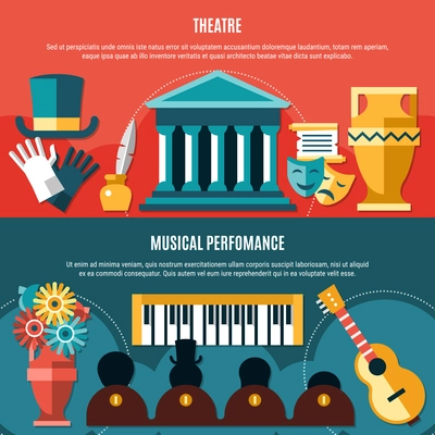 Two theatre horizontal banner set with musical performance headline and theater building vector illustration