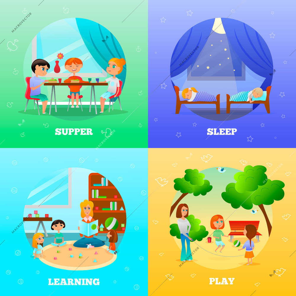 Kindergarten characters design concept with educator and kids during learning, supper, play, sleep isolated vector illustration