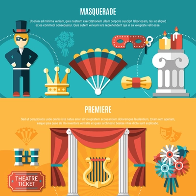 Two horizontal theatre flyer set with masquerade and premiere headlines elements and participants vector illustration